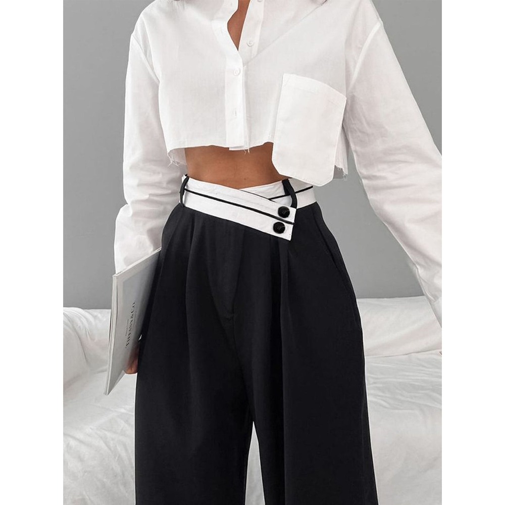 Commense NWT Asymmetrical Contrast Waistband Wide Leg Dress Pants Black XS - Picture 2 of 10